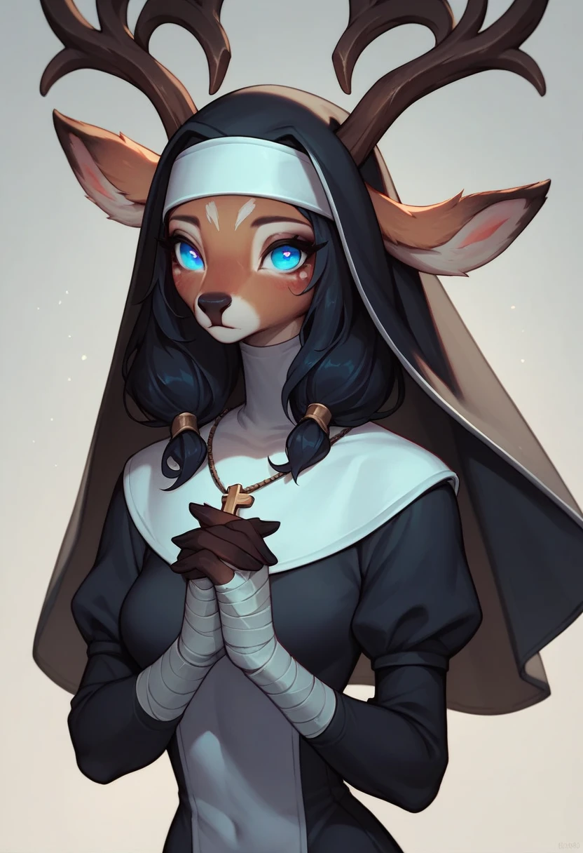 score_9, score_8_up, score_7_up, score_6_up, score_5_up, score_4_up,Yone, League of Legends, ((Better quality )),((furry deer female)) , wearing nun Clothing dress  , Black Shadow  body ,  wearing Bandage , big animal ears, Black hair ,Dark blue , ((BLUE pupils)) ,