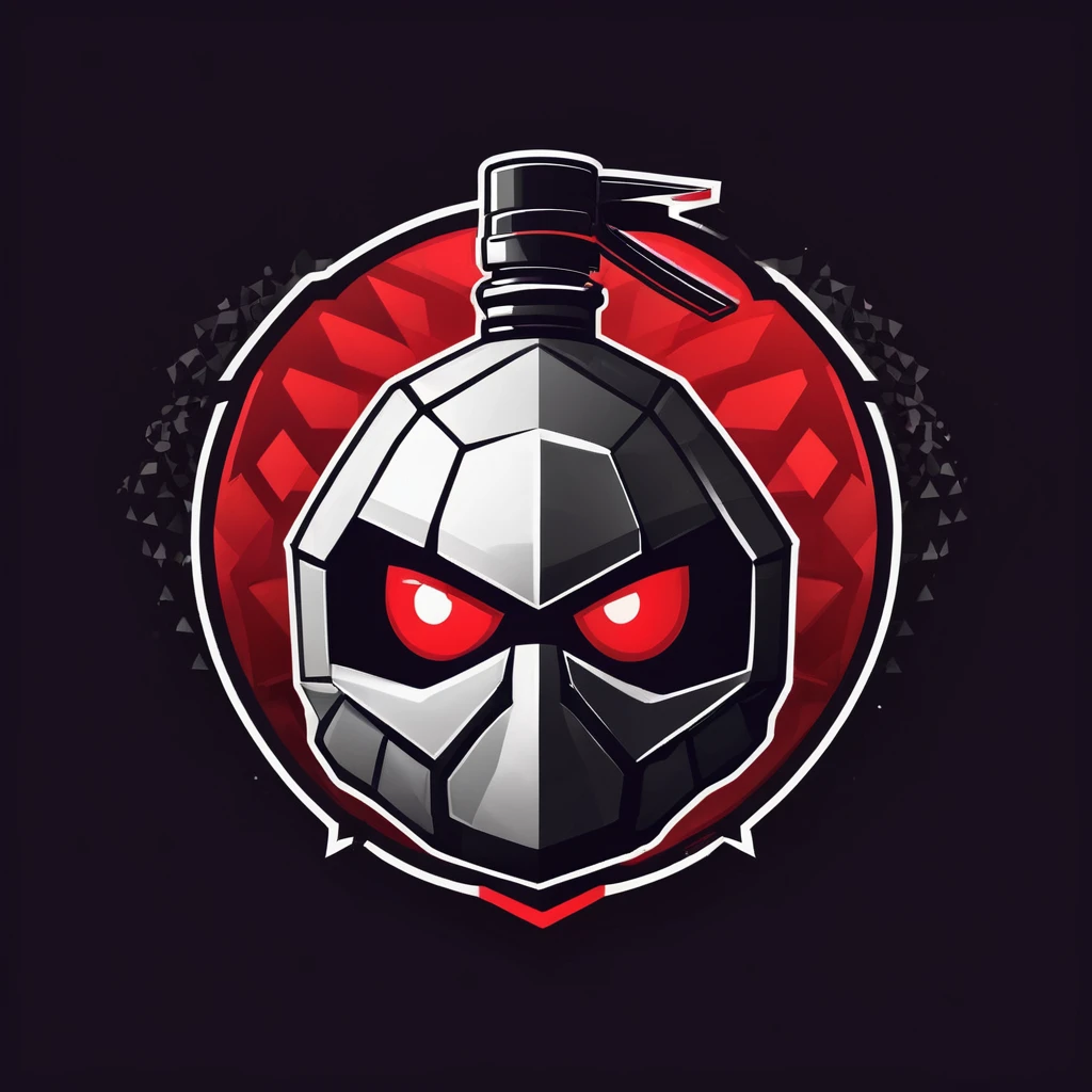 virtual gaming company logo design. as a theme in the logo a grenade with an ugly face, with geometric style, flat ass, color gradations, with elegant shapes in red and white, monochrome, UNDER THE LOGO written TNT ESPORTS
