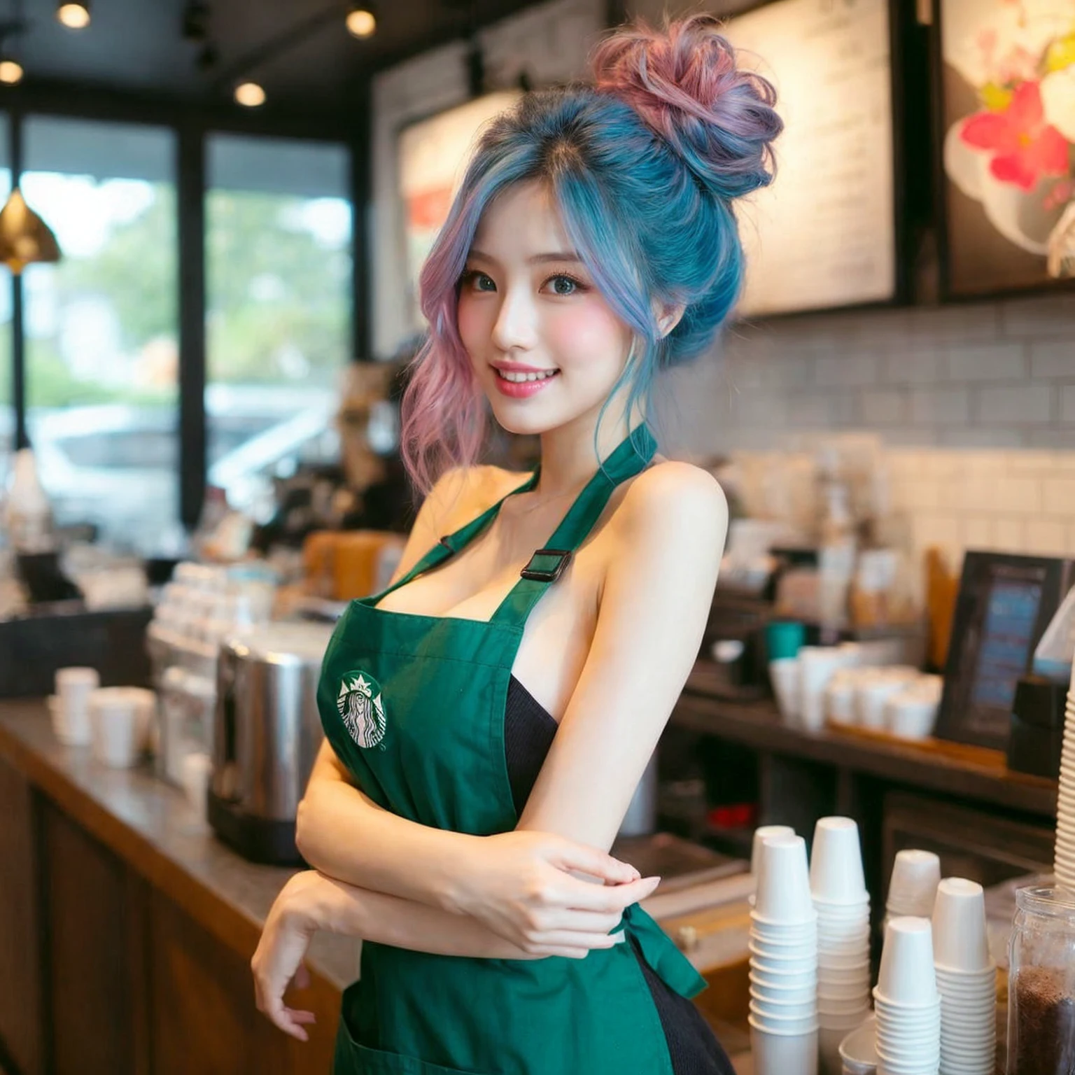 Cool beauty，Looks sweet，(updo, blue and pink hair), only wearing dark green starbucks apron, off-shoulders, plump body, medium chest, full body photo, standing pose. Side view. In coffee shop.