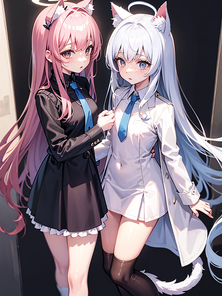 White silk tights,Short skirt,Boots,Lining,coat,White long hair,A cat lady,Loli,small headdress,White, light blue, light pink,Standing,Halo