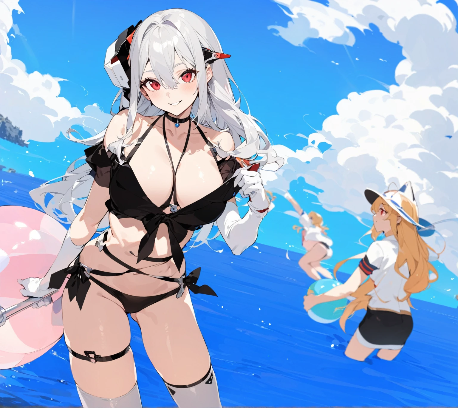 Ocean、Silver-haired, red-eyed girl、Swimwear、Two girls playing beach ball in the background、2d, masterpiece, best quality, anime, highly detailed face, highly detailed eyes, highly detailed background, perfect lighting,  1girl, solo, collared dress, short dress, short sleeves, blue jacket, black thighhighs, detached hair, long hair, necktie, headgear, white gloves, elbow gloves, hips, smile, standing, spacecraft interior 