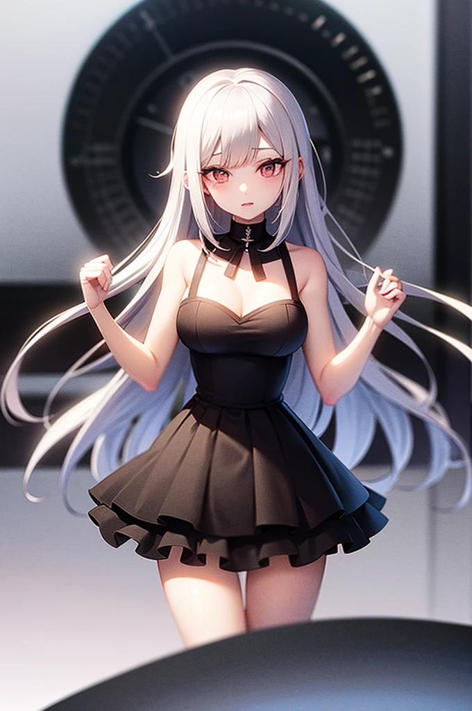 Anime-style image of a woman with white hair and black clothing, Cute 3D anime girl render, Cute anime waifu in a nice dress, From Arknights, Anime VTuber Full Body Model, April Rendering, Anime girl in a black dress, Gothic Maiden Anime Girl, Highly detailed characters, Official character art