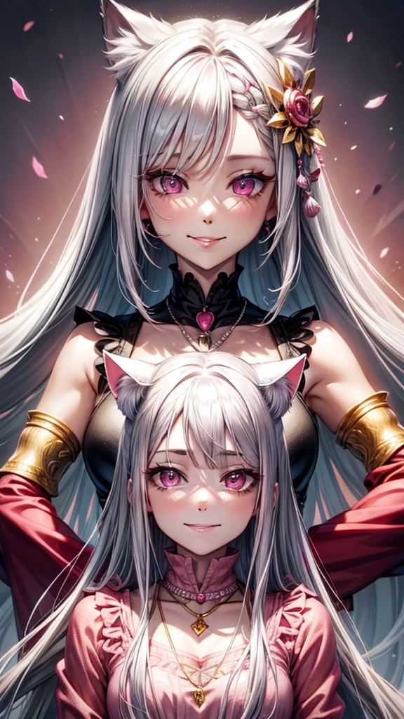 Silver hair, pink eyes, older woman, pink red and gold clothes, hair ornament, cat ears, necklace, long hair, smiling face, upper body