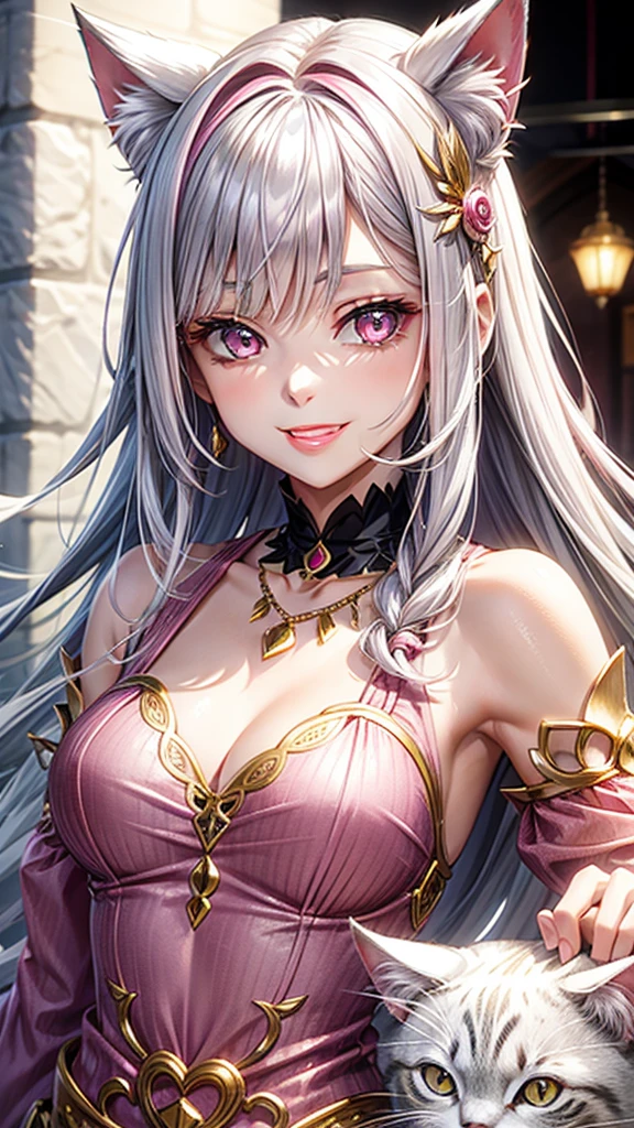 Silver hair, pink eyes, older woman, pink red and gold clothes, hair ornament, cat ears, necklace, long hair, smiling face, upper body