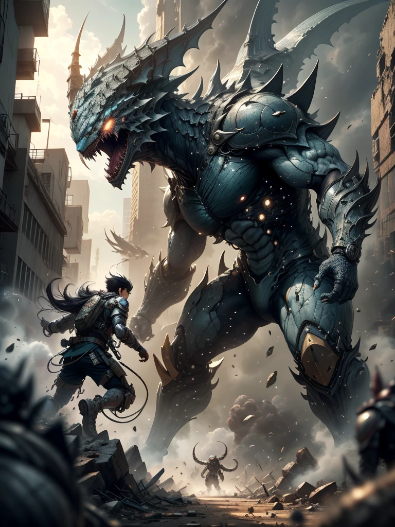 Hibino Kafka as kaiju number 8 in an apocalyptic battle scenario fighting with Kaiju number 9
