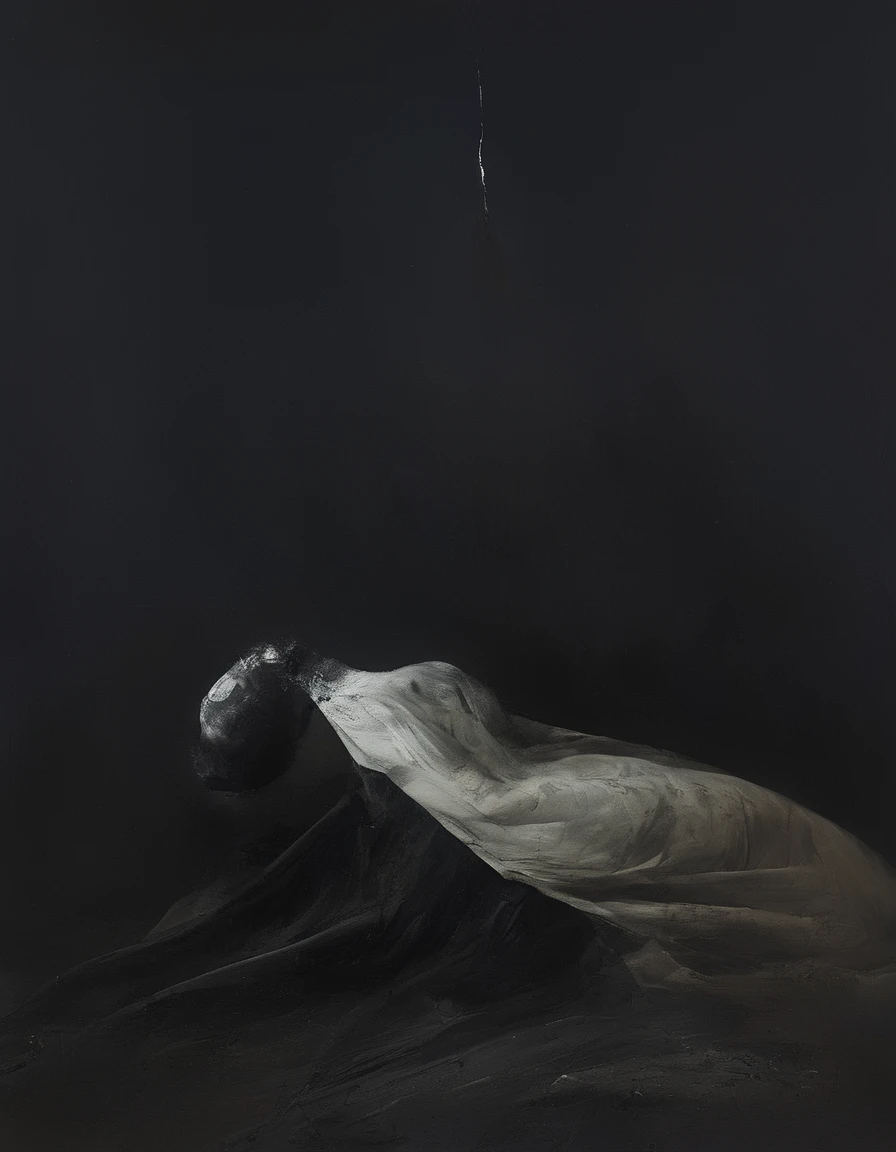 painting of a agonized madame bovary after consuming poison , body laid out on ground dramatically , victorian era clothing, gothic terror, smeared dream like black background, in the style of nicola samori