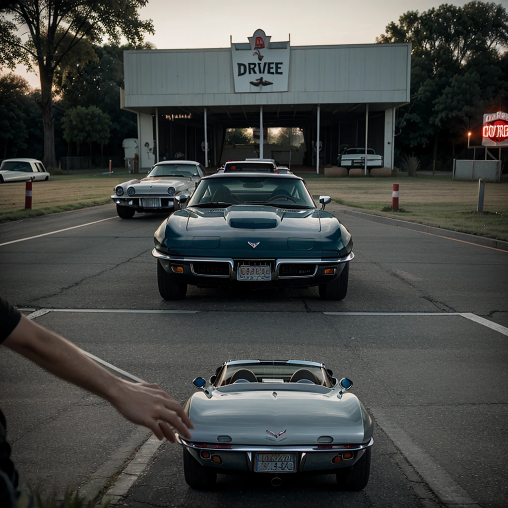 Corvette at drive-in showing horror movie