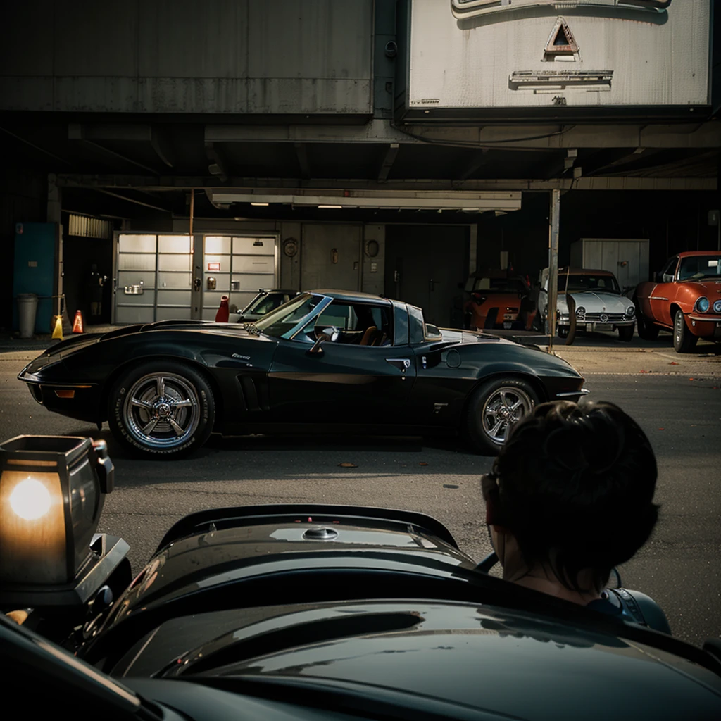 Corvette at drive-in showing horror movie