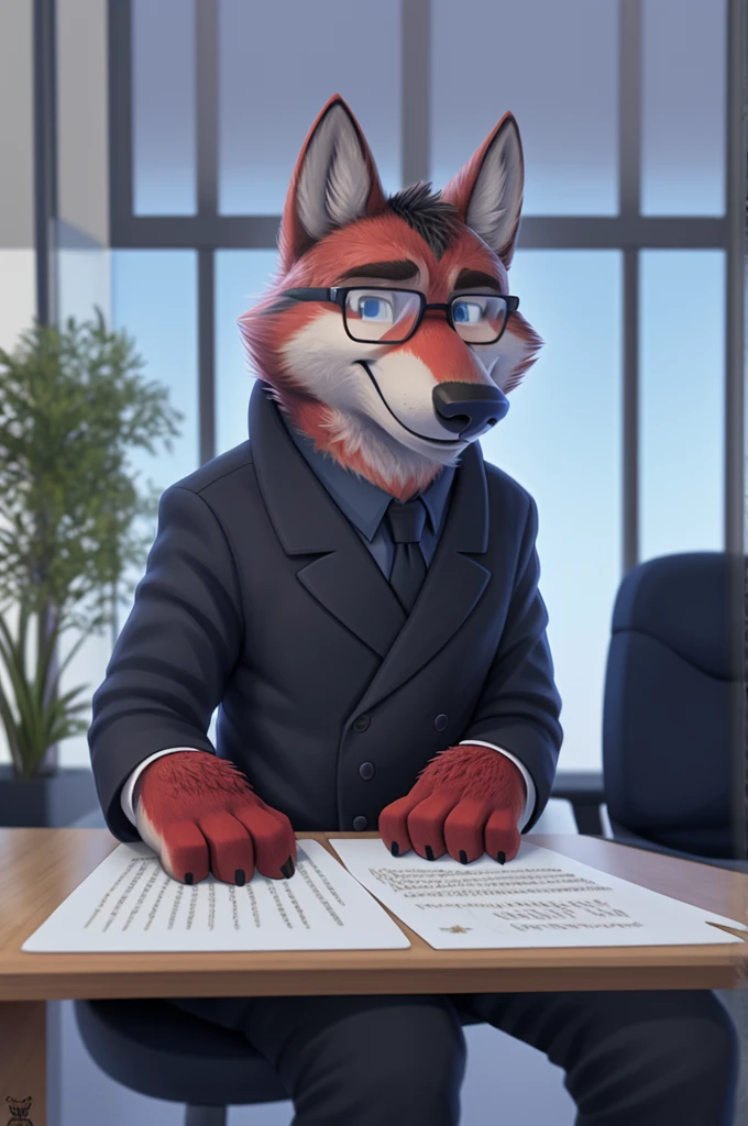 Ivan Fedorovich Wolfbach (Novosibirsk) ,Tall, handsome man, wolf,young, 24 years, brown fur,Kind,(red body:1.3),beautiful blue eyes,Novosibirsk,dressed, glasses black jacket awards on jacket, shirt, black tie, trousers,shoes, wolf, detailed fur, man ,paw pads, finger claws,per viewer, 5 fingers, paws, 5 fingers, smile, wrist watch, nextel, by xenoforge, (complex, high detail, digital photography, soft focus, RAW variety viewer, Very close to the camera) , variety, Novosibirsk, smile, good mood, positive, Very close to the camera, GOVERNOR,coming, ministry of health,cabinet, GOVERNORа, writes documents, to the city, GOVERNOR Novosibirskа, conference table, Colleagues,самый young GOVERNOR, black tie,
Photorealism, realism, digital style, Subsurface scattering, I look at the viewer, is sitting,conference table, handle, paper,
masterpiece, Best quality, ultra realistic, 8 thousand.)