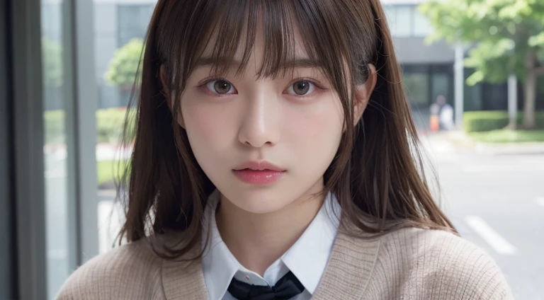 (Long Hair, bangs:1.2),(Wear a cardigan over a collared shirt:1.2),1 girl,Japanese,21 years old,(Small breasts:1.3),(Highest quality,masterpiece:1.3,超A high resolution,),(Ultra-detailed,Caustics),(Photorealistic:1.4,RAW shooting,)Ultra-Realistic Capture,Very detailed,High resolution 16K human skin close-up。 Natural skin texture、,Pores、、It needs to be detailed enough to be easily identifiable。 Skin should be even-toned and healthy looking。 Use natural light and colour, Sad expression, Looking at the camera, Perfect dynamic composition, Outdoor