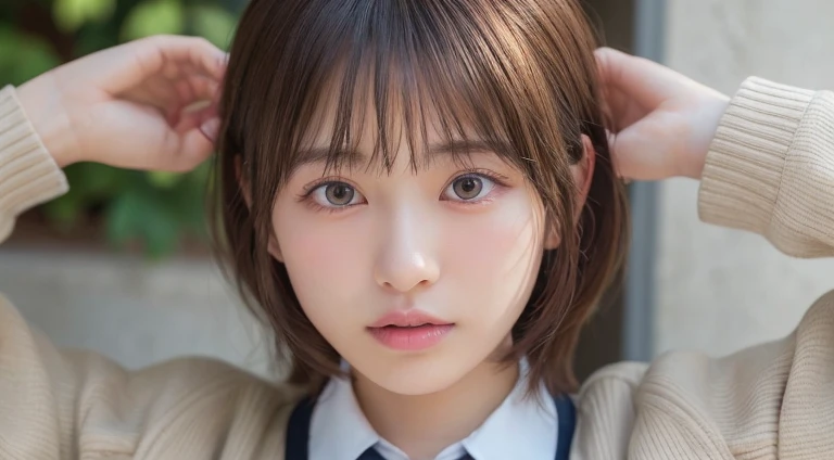 (Long Hair, bangs:1.2),(Wear a cardigan over a collared shirt:1.2),1 girl,Japanese,21 years old,(Small breasts:1.3),(Highest quality,masterpiece:1.3,超A high resolution,),(Ultra-detailed,Caustics),(Photorealistic:1.4,RAW shooting,)Ultra-Realistic Capture,Very detailed,High resolution 16K human skin close-up。 Natural skin texture、,Pores、、It needs to be detailed enough to be easily identifiable。 Skin should be even-toned and healthy looking。 Use natural light and colour, Sad expression, Looking at the camera, Perfect dynamic composition, Outdoor