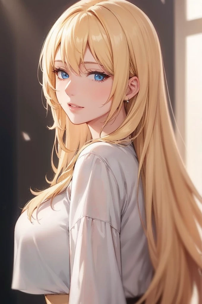 (best quality, highres), portrait, mature woman, blue eyes, long hair, swept-side bang, [[brown hair]], (blonde hair), big breast, high resolution cg 8k, beautiful cg