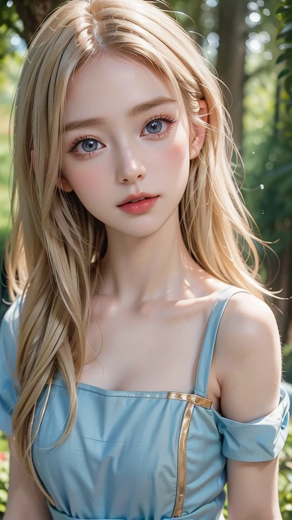 One Girl,(1人のとてもcute女の子:1.3),masterpiece,Highest quality,High resolution,From below,Low - Angle,Photorealistic,RAW Photos,Ray Tracing,Physically Based Rendering,beautiful girl,(:1.3),cute,Big Blue Eyes,(detailed pupils:1.2),(The face is facing straight ahead:1.3),Body facing forward,Beautiful nose,Upturned nose,Fuller lips,Platinum Blonde Hair,Detailed eyelashes,Thin eyebrows,Very fine grain definition,(Symmetrical eyes,Golden Ratio:1.3),(Face close-up,Face Focus:1.0),Small breasts,Short neck,Light blue dress,White apron,forest,Alice in Wonderland,Spring sunlight,Soft Light,Portrait,View Viewer,Upper Body,Cinema Lighting,High resolution,Very detailed