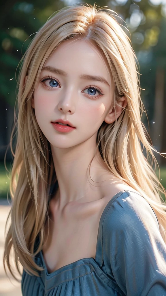 One Girl，(1人のとてもcute女の子:1.3)，masterpiece，Highest quality，High resolution，From below，Low - Angle，Photorealistic，RAW Photos，Ray Tracing，Physically Based Rendering，beautiful girl，(12 years old:1.3)，cute，Big Blue Eyes，(detailed pupils:1.2)，(The face is facing straight ahead:1.3)，Body facing forward，Beautiful nose，Upturned nose，Fuller lips，Platinum Blonde Hair，Detailed eyelashes，Thin eyebrows，Very fine grain definition，(Symmetrical eyes，Golden Ratio:1.3)，(Face close-up，Face Focus:1.0)，Small breasts，Short neck，Light blue dress，White apron，forest，Alice in Wonderland，Spring sunlight，Soft Light，Portrait，View Viewer，Upper Body，Cinema Lighting，High resolution，Very detailed
