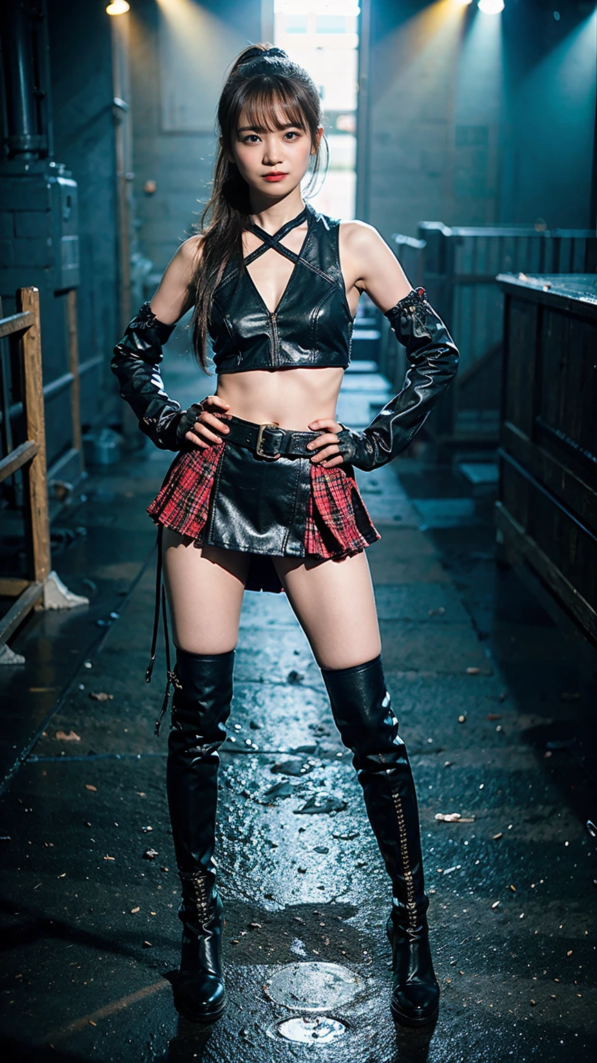 (8K、RAW Photos、Highest quality、masterpiece:1.2)、(Highest quality、Realistic)、1 Girl、((ガーターbelt、ponytail、Tube top、Arm Covers、Ninja costume、mini skirt、tights、Belly button、Gloves、belt、ribbon、See-through、Thin legs、whole body、boots、City of night、View from the front、Looking into the camera、Stand with hands on hips))、cute