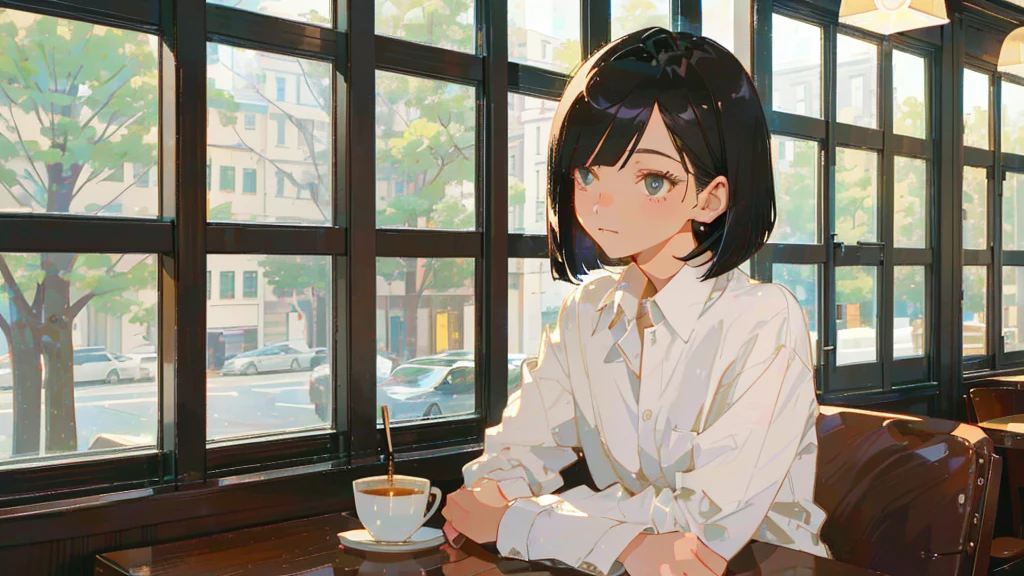 A 32-year-old androgynous adult with a bob cut sitting at a cafe table、Beautiful black hair、Looking down at the tree-lined street below、White coffee cup、Masterpiece、 Sitting alone in a café, Sitting alone in a cafe, Evening Lighting、Wooden retro cafe、White Shirt