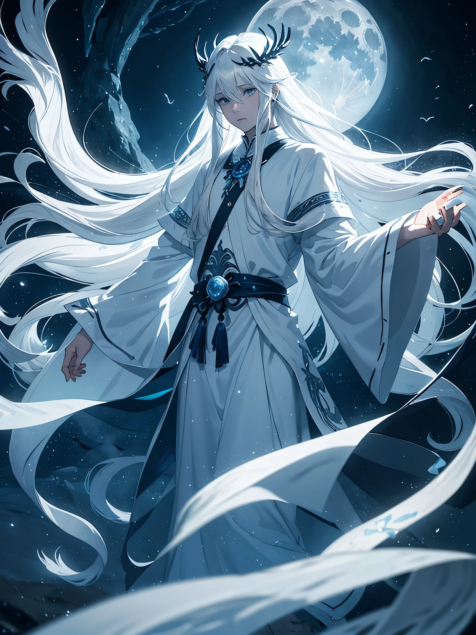 White crows. Ghosts. lights. magical. Power animals. Spirit. King of the moon. Long hair. long white hair. aquatic, boy, silver hair accessories, White hair, blue flowers. Blue lights. full moon. holy.