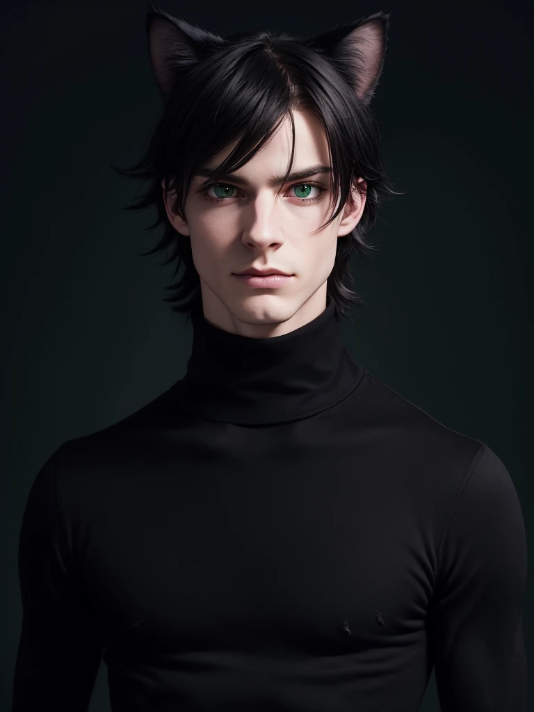 (best quality), 1boy, male, pale skin, black hair, medium hair, curtain hair, tousled hair, green eyes, perfect eyes, dark circles under eyes, handsome, strong jawline, lazy, light smile, attractive, (cat ears), turtleneck sweater, masterpiece, anatomically correct, highres
