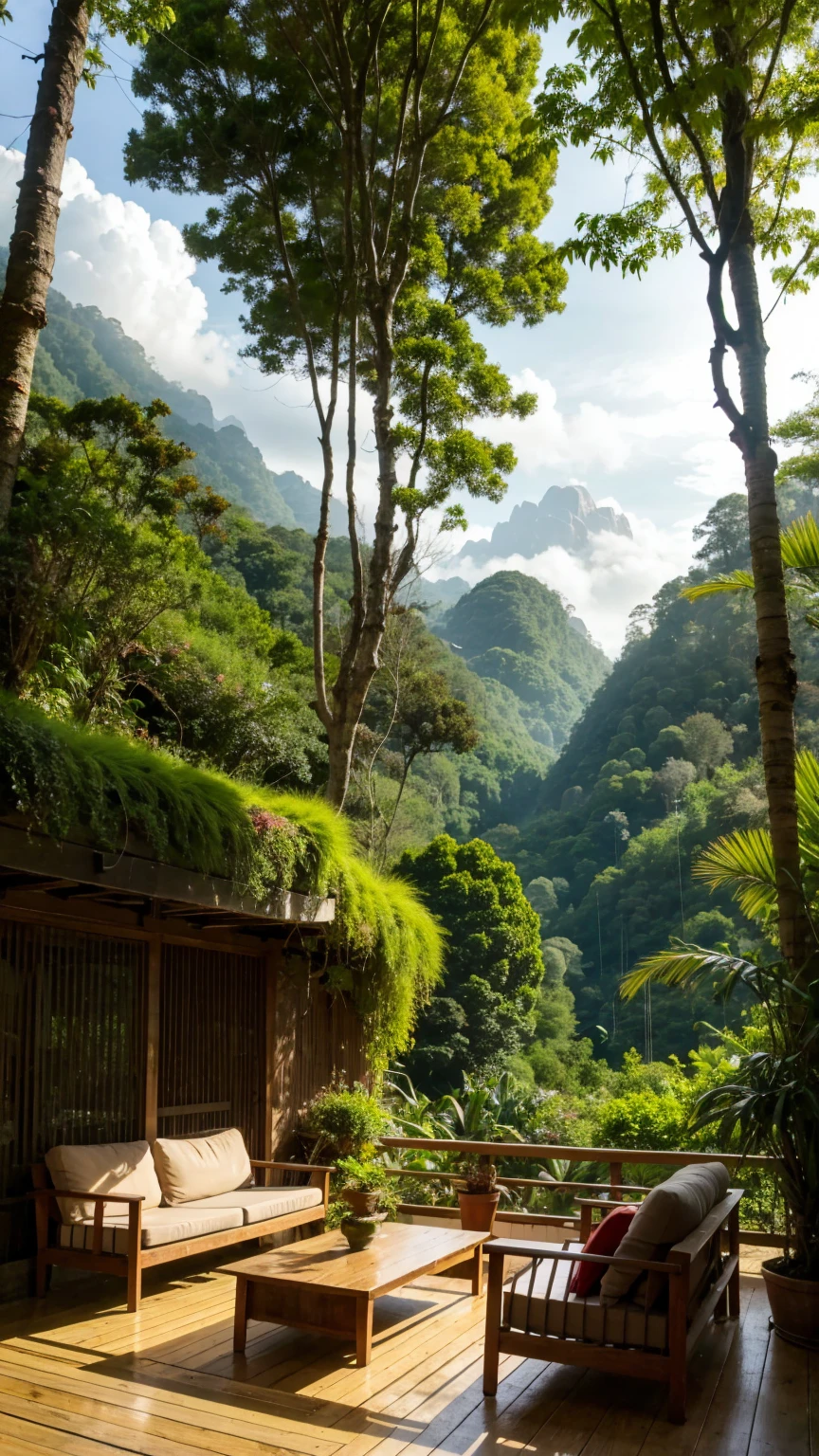 Living room with a view of a mountain and a forest, mountainous jungle scenery, jungle scenery, Like a scene from Blade Runner, magical atmosphere, pintura escura ultrarrealista, in a jungle environment, pleasant environment, cloud forest, beautiful jungle, moody environment, lush jungle, Inside an alien jungle, plants and jungle, rainforest mountains, relaxing environment