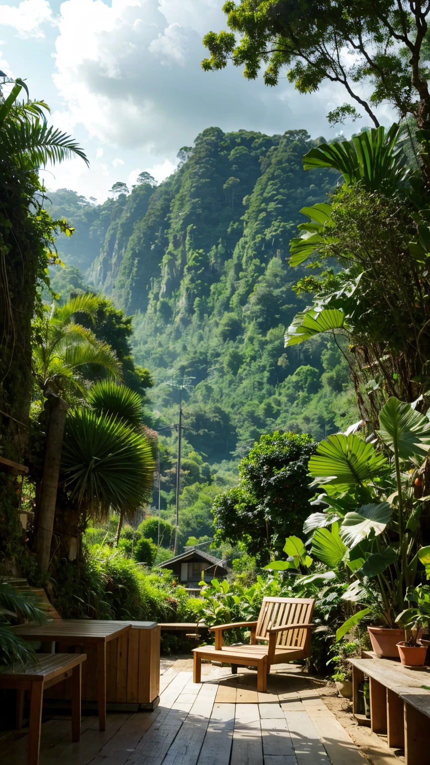 Living room with a view of a mountain and a forest, mountainous jungle scenery, jungle scenery, Like a scene from Blade Runner, magical atmosphere, pintura escura ultrarrealista, in a jungle environment, pleasant environment, cloud forest, beautiful jungle, moody environment, lush jungle, Inside an alien jungle, plants and jungle, rainforest mountains, relaxing environment