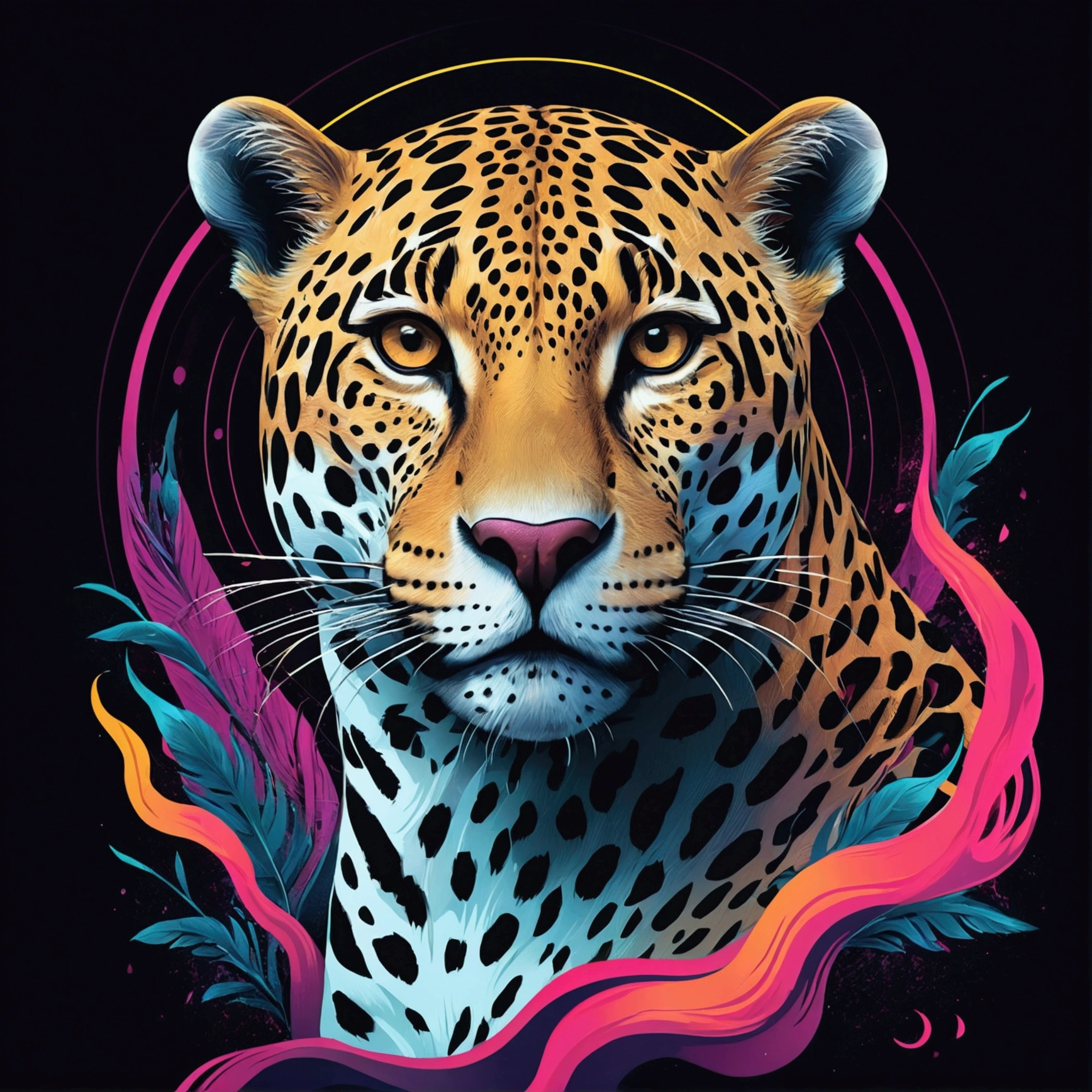 Jaguar, expressionism, two-dimensional illustration, dark tones, magical realism, synthwave:: t-shirt vector, center composition graphic design, plain background::2 mockup::-2 --upbeta --ar 1:1