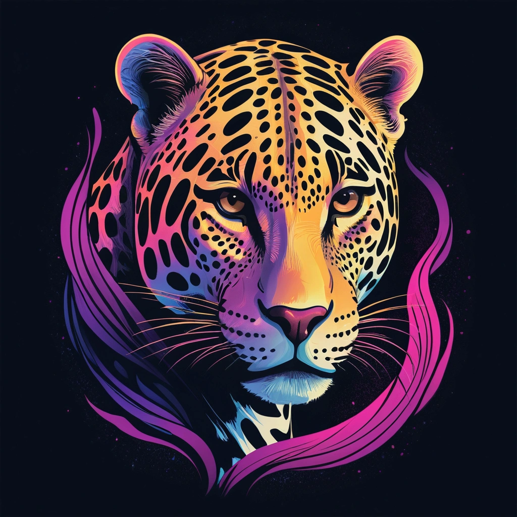 Jaguar, expressionism, two-dimensional illustration, dark tones, magical realism, synthwave:: t-shirt vector, center composition graphic design, plain background::2 mockup::-2 --upbeta --ar 1:1