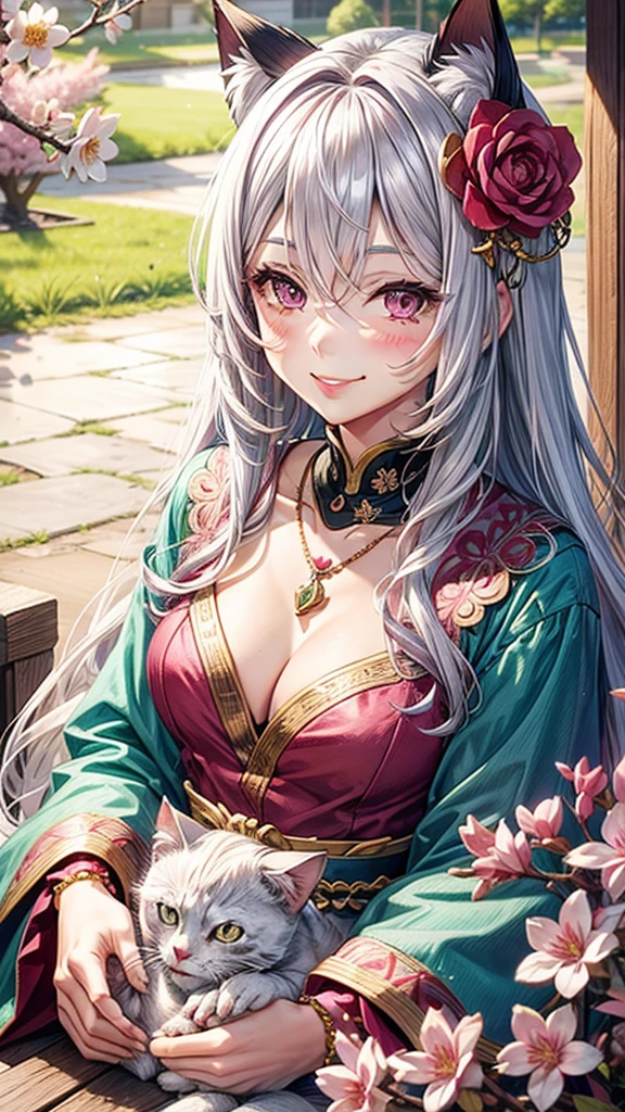 Silver hair, pink eyes, older woman, teal red and gold clothes, hair flower ornament, cat ears, necklace, long hair, smiling face, upper body, sakura