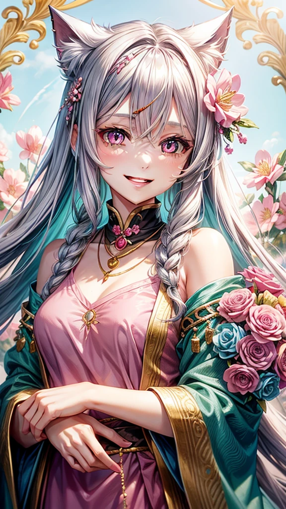 Silver hair, pink eyes, older woman, teal red and gold clothes, hair flower ornament, cat ears, necklace, long hair, smiling face, upper body, sakura