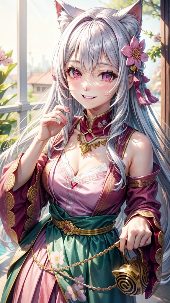 Silver hair, pink eyes, older woman, teal red and gold clothes, hair flower ornament, cat ears, necklace, long hair, smiling face, upper body, sakura