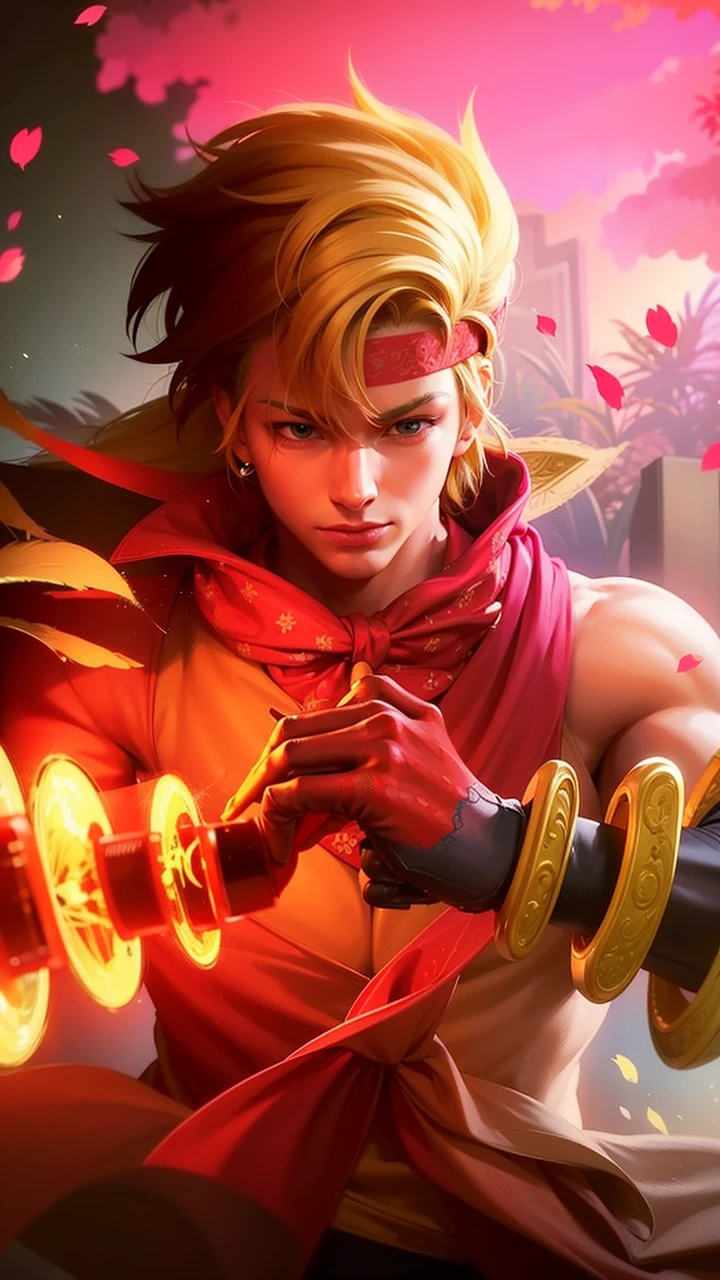 The image features a character with blonde hair and glasses, wearing a suit with a yellow bow tie, and holding a sword, Best quality, masterpiece, detailed skin texture, detailed clothes texture, detailed face, super detail, 8k, intricate detail, 1 boy, The color doesn't change, Muscle guy, 1 guy