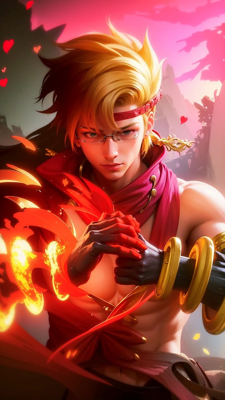 The image features a character with blonde hair and glasses, wearing a suit with a yellow bow tie, and holding a sword, Best quality, masterpiece, detailed skin texture, detailed clothes texture, detailed face, super detail, 8k, intricate detail, 1 boy, The color doesn't change, Muscle guy, 1 guy