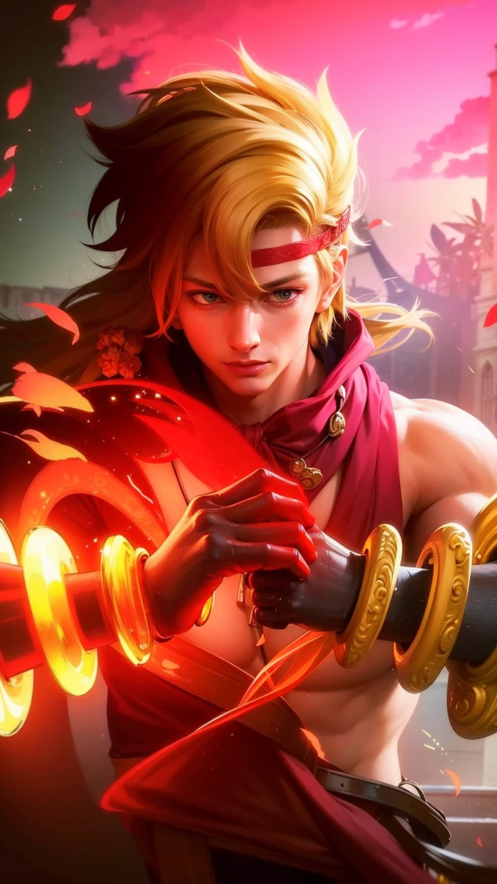 The image features a character with blonde hair and glasses, wearing a suit with a yellow bow tie, and holding a sword, Best quality, masterpiece, detailed skin texture, detailed clothes texture, detailed face, super detail, 8k, intricate detail, 1 boy, The color doesn't change, Muscle guy, 1 guy