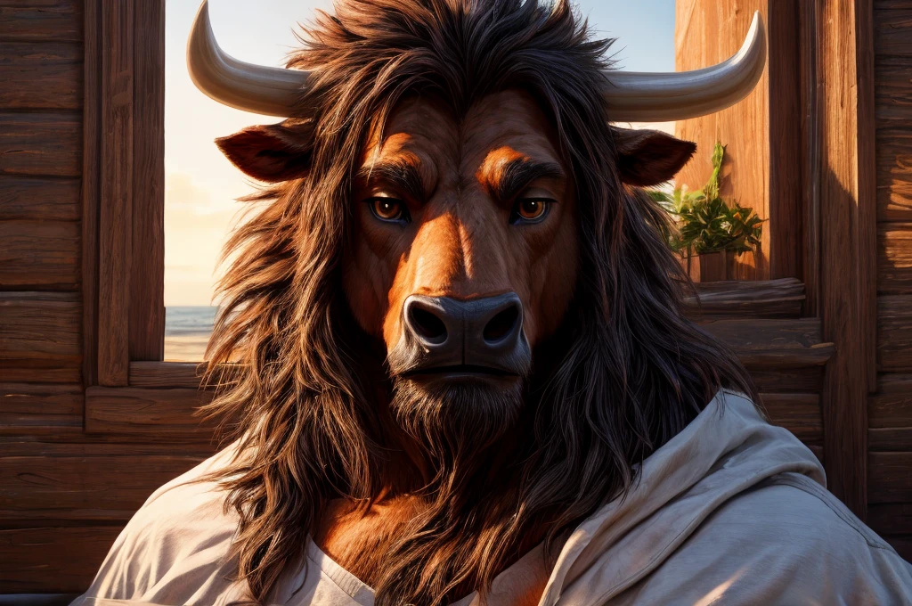 (best quality, 4k, 8k, high resolution, life-like, masterpiece:1.2), ultra detallado, (photographic rendering:1.1), portrait, profesional, vivid colors, Sharp focus, (hyperrealistic textures, morning light:1.05), detailed textures, (warm color tone:0.9), a brown minotaur laying in bed, brown eyes, looking at viewer, looking peaceful, muscular, bovine face, hair mane, in his 30s