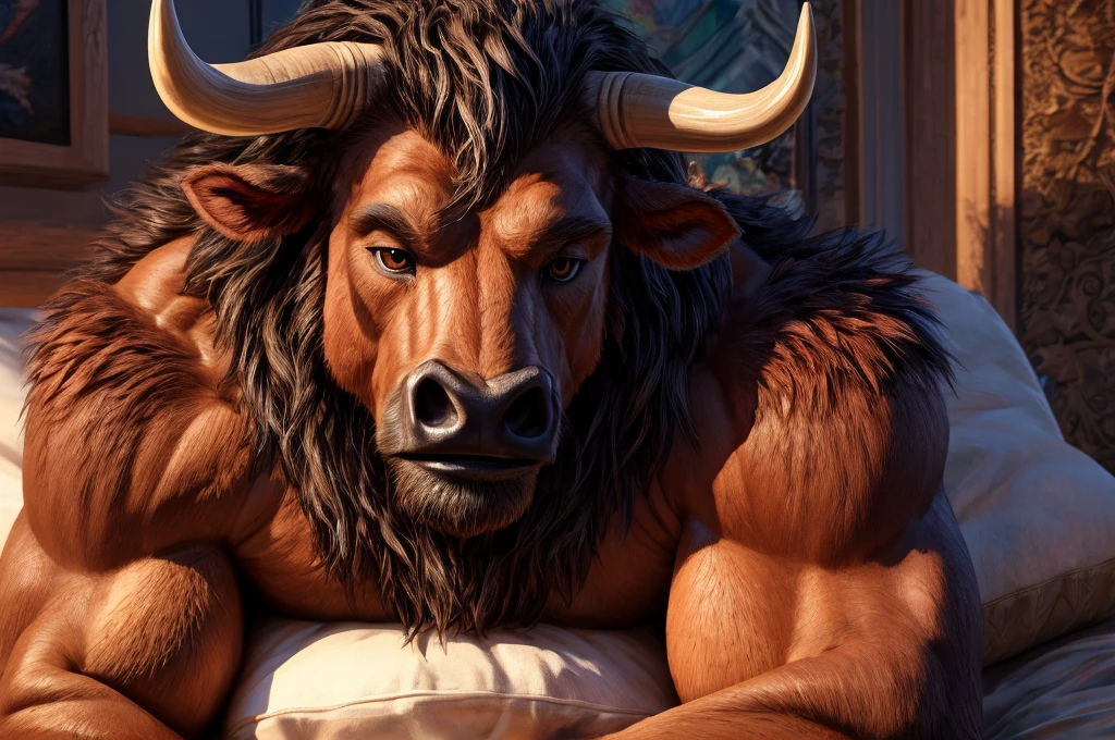 (best quality, 4k, 8k, high resolution, life-like, masterpiece:1.2), ultra detallado, (photographic rendering:1.1), portrait, profesional, vivid colors, Sharp focus, (hyperrealistic textures, morning light:1.05), detailed textures, (warm color tone:0.9), a brown minotaur laying in bed, brown eyes, looking at viewer, looking peaceful, muscular, bovine face, hair mane, in his 30s