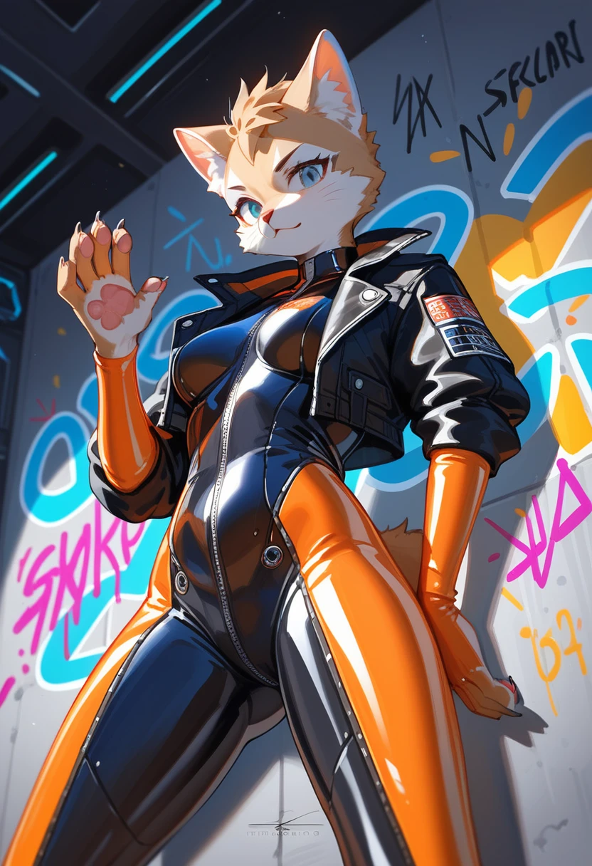 animation, Highest quality, Highest quality, High quality illustrations, masterpiece, Ultra-high resolution, Detailed Background, Futuristic Bar, Graffiti art on the wall, Absurd, Perfect Anatomy, performance, Good lighting, Shadows in the movies(kemono, Furry PersonifiCation), Cat, Blueskin, Orange Rubber Suit, latex, neon, neonライト, neonカラー, Bodysuits, Cyber Suit, Leather Half Jacket, cyber punk, Dynamic Angle