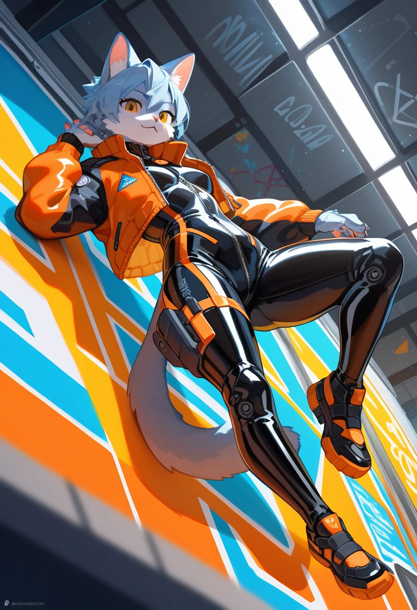 animation, Highest quality, Highest quality, High quality illustrations, masterpiece, Ultra-high resolution, Detailed Background, Futuristic Bar, Graffiti art on the wall, Absurd, Perfect ???????, performance, Good lighting, Shadows in the movies(kemono, Furry PersonifiCation), Cat, Blueskin, Orange Rubber Suit, latex, neon, neonライト, neonカラー, Bodysuits, Cyber Suit, Leather Half Jacket, cyber punk, Dynamic Angle