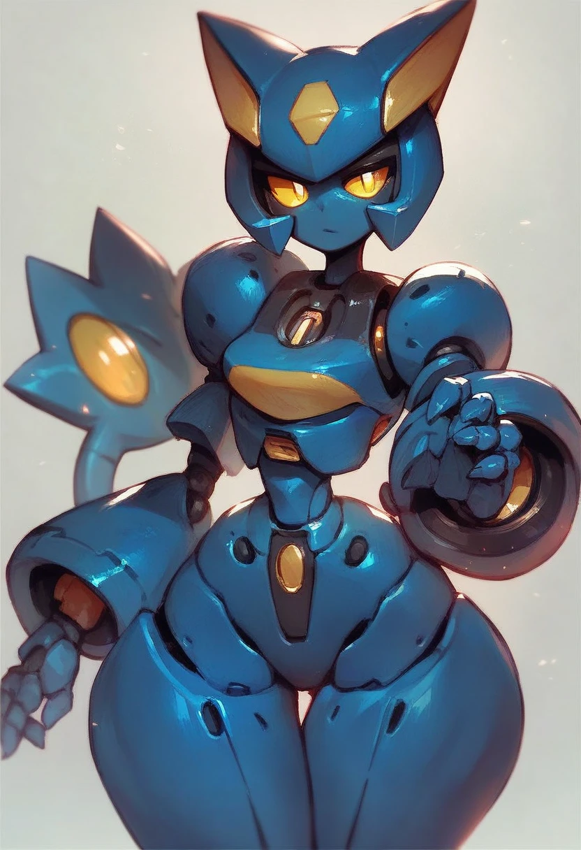 ((Best quality ,artwork )), robot cat female humanoid, wide hips , Dark blue body , big cat ears , ((Pokémon style )) , short hair , small geet , ((yellow pupils)).