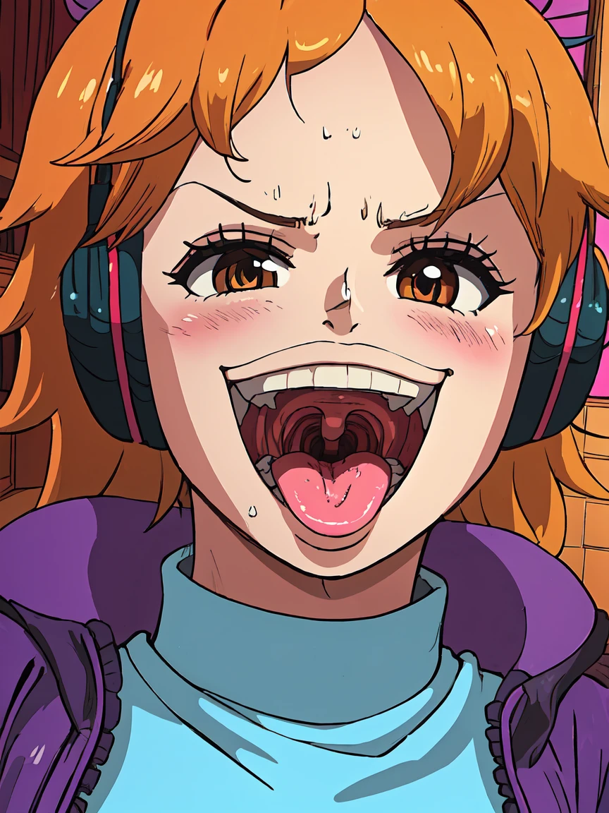 masterpiece, ((ultra detailed background, delicate pattern, intricate detail)), (highly detailed, fine details), best quality, beautiful lighting, ((medium breasts, slim girl)), 1girl, Lilith, ((mischievous smile)) ,(bangs covering one eye), ((light ginger hair)),headphones, (brown eyes), dark-purple jacket,(pink bodysuit, (close-up, portrait), blush, open mouth, big mouth, tongue, tongue out, close up, saliva, uvula, uvula, room, mouth focus, excessive saliva, hair one eye covered, room, indoors, angry