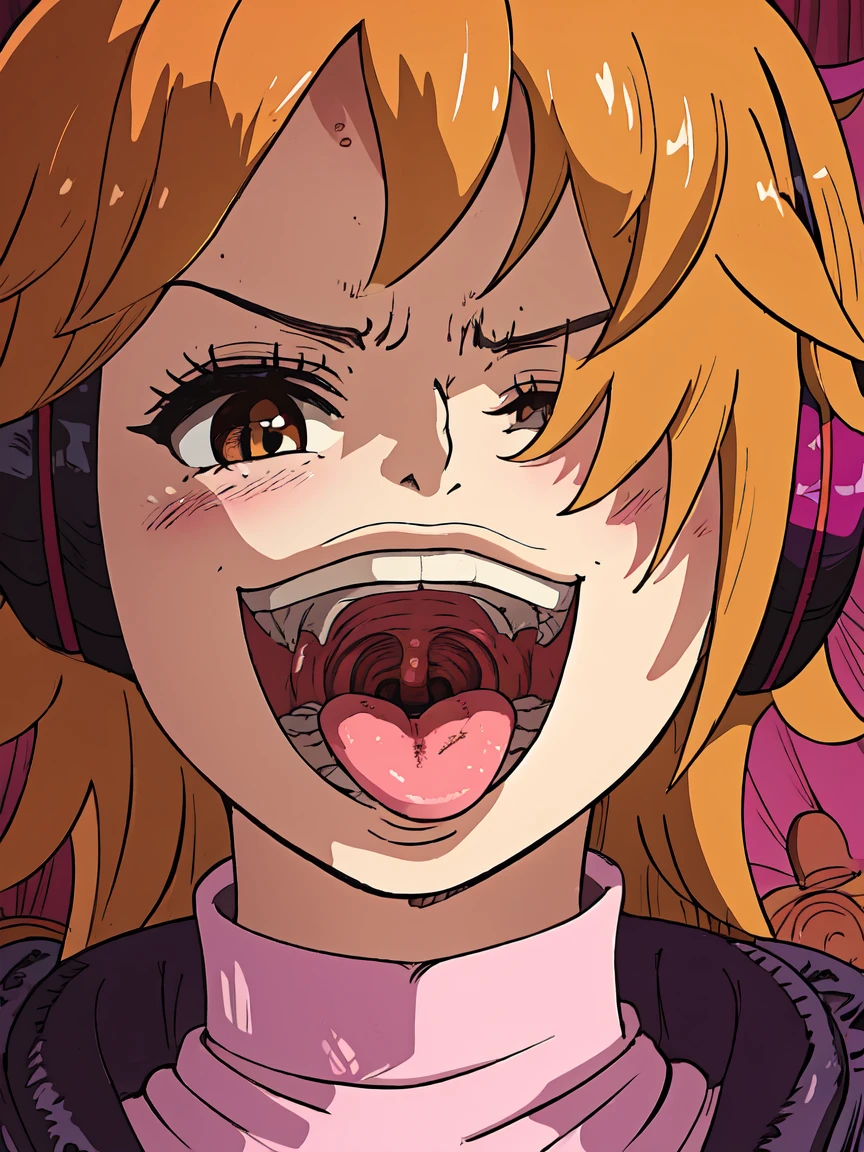 masterpiece, ((ultra detailed background, delicate pattern, intricate detail)), (highly detailed, fine details), best quality, beautiful lighting, ((medium breasts, slim girl)), 1girl, Lilith, ((mischievous smile)) ,(bangs covering one eye), ((light ginger hair)),headphones, (brown eyes), dark-purple jacket,(pink bodysuit, (close-up, portrait), blush, open mouth, big mouth, tongue, tongue out, close up, saliva, uvula, uvula, room, mouth focus, excessive saliva, hair one eye covered, room, indoors, angry