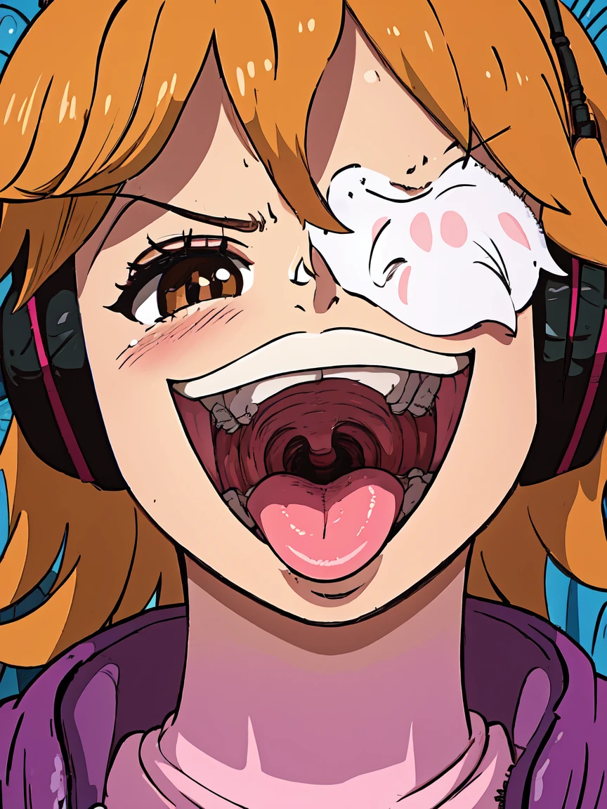 masterpiece, ((ultra detailed background, delicate pattern, intricate detail)), (highly detailed, fine details), best quality, beautiful lighting, ((medium breasts, slim girl)), 1girl, Lilith, ((mischievous smile)) ,(bangs covering one eye), ((light ginger hair)),headphones, (brown eyes), dark-purple jacket,(pink bodysuit, (close-up, portrait), blush, open mouth, big mouth, tongue, tongue out, close up, saliva, uvula, uvula, room, mouth focus, excessive saliva, hair one eye covered, room, indoors, angry