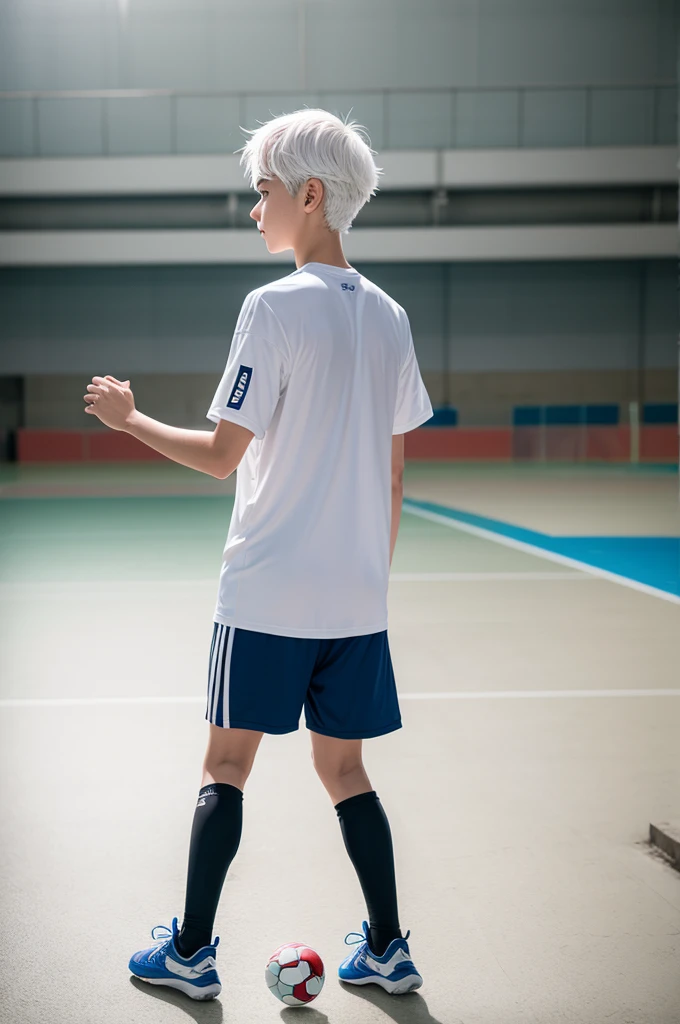 A boy with white hair playing futsal,facing backwards and on the back written kinho