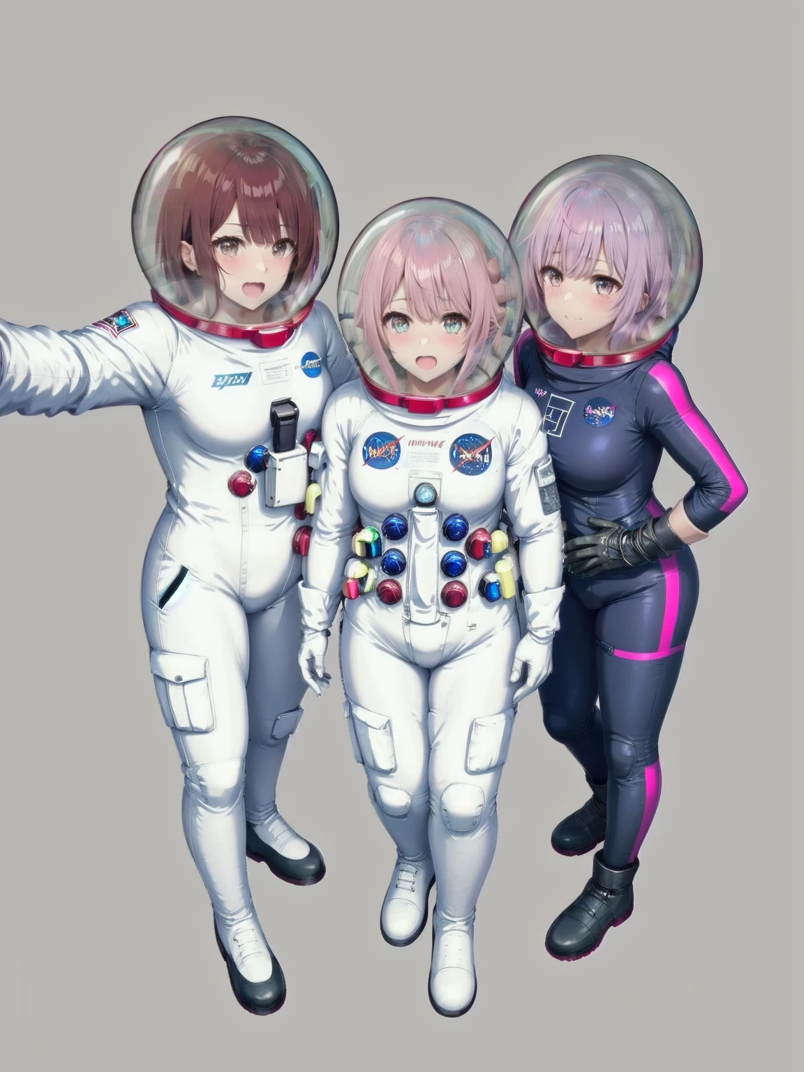 eva helm, spacesuit , astronaut), from above, pink hair, bubble helmet, space helmet,wearing a (spacesuit:1.15), white cargo pants, hovering, flying, moon surface, earth, floating pose, happy, smilebeautiful 8k wallpaper, highly advanced, (sleek design:1.3), intricate, highres, superb, 8k wallpaper, extremely detailed, intricate,(3girl:1.5), (three girl:1.5),,, intricate, approaching the viewer, looking at the viewer, pov, reaching out viewer, necklace, nail polish, looking at viewer, yuritamashi style, selfie, bubble helmet, space helmet,