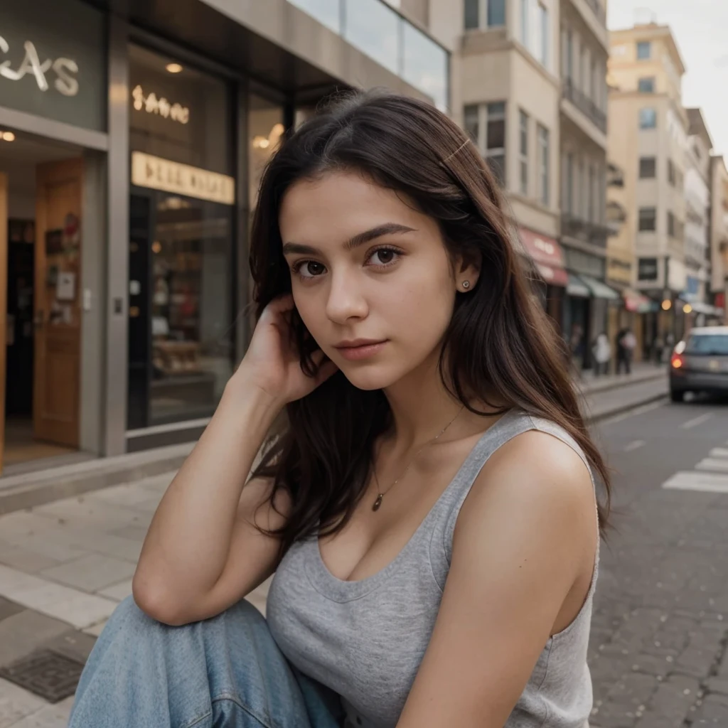 dessus de la table、la plus haute qualité、haute résolution、Éléonore Pavinato, latino 23 ans, Portrait plus jeune, avoir l'air mignon, pose mignonne, Belle fille aux gros seins, cheveux longs noirs, porter des vêtements décontractés, dans un jardin