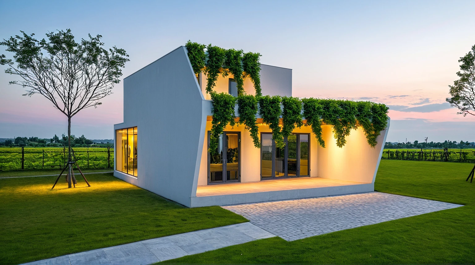 exterior, Masterpiece, high quality, best quality, authentic, super detail, outdoors, onestoreyvillaXL, aiaigroup, house style modern, white wall, glass window ,pavement, grass, trees, dusk sky, cloud, (daylight:1.1)
