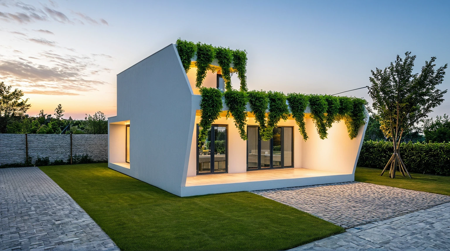 exterior, Masterpiece, high quality, best quality, authentic, super detail, outdoors, onestoreyvillaXL, aiaigroup, house style modern, white wall, glass window ,pavement, grass, trees, dusk sky, cloud, (daylight:1.1)