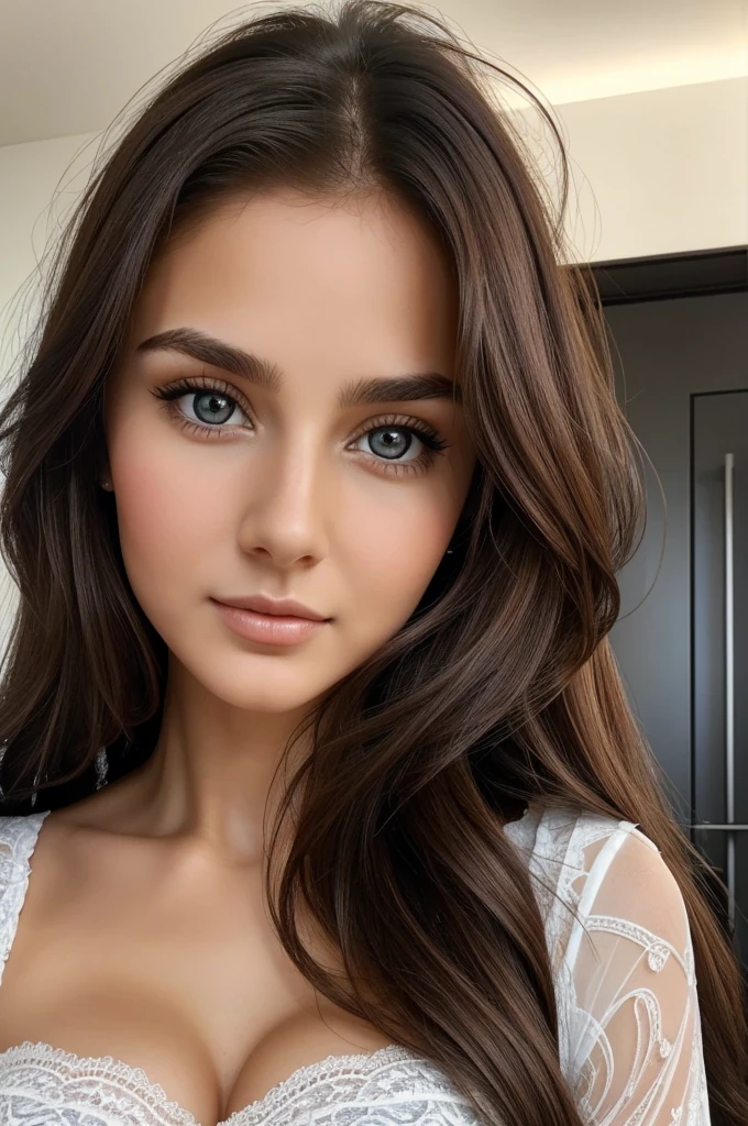 (Lidiia Filippova:1.2), (Keilih Stafford:0.9), (Felicity Fey:0.5), a pretty young woman, Close-up of a long-haired woman wearing a black and white top, Beautiful face and perfect skin, Very beautiful face, Perfect face and eyes, Perfect face close-up, Brown hair and big eyes, Woman with beautiful face, Gorgeous and attractive face, Attractive beautiful face, Beautiful perfect face, Brown Hair Girl, Beautiful Woman Photos, Beautiful face in every detail, Showing off in a lace blue bra, Large Breasts、Cleavage