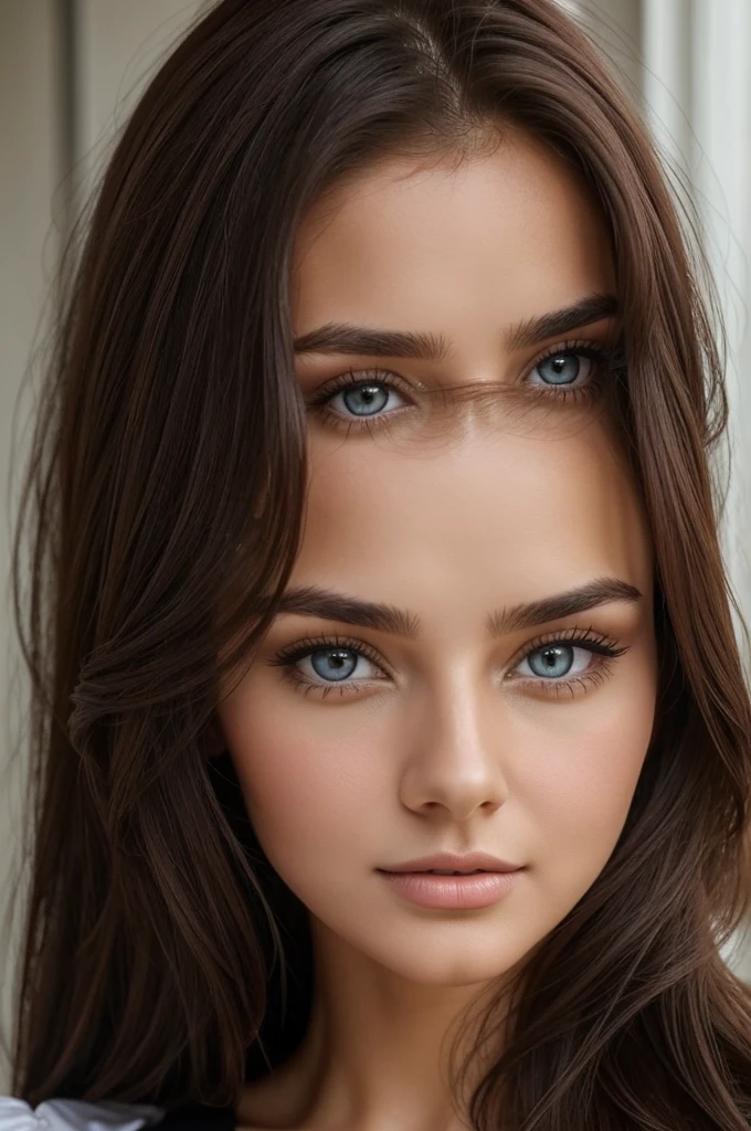(Lidiia Filippova:1.2), (Keilih Stafford:0.9), (Felicity Fey:0.5), a pretty young woman, Close-up of a long-haired woman wearing a black and white top, Beautiful face and perfect skin, Very beautiful face, Perfect face and eyes, Perfect face close-up, Brown hair and big eyes, Woman with beautiful face, Gorgeous and attractive face, Attractive beautiful face, Beautiful perfect face, Brown Hair Girl, Beautiful Woman Photos, Beautiful face in every detail, Showing off in a lace blue bra, Large Breasts、Cleavage