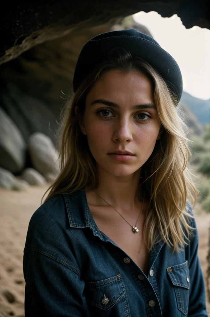 photograph of a woman, (troubled facial expression), textured skin, goosebumps, blonde wolfcut hair, plaid flannel shirt with distressed boyfriend jeans, cowboy shot, dark and mysterious cave with unique rock formations and hidden wonders, perfect eyes, (candlelight,chiaroscuro), Porta 160 color, shot on ARRI ALEXA 65, bokeh, sharp focus on subject, shot by Don McCullin
