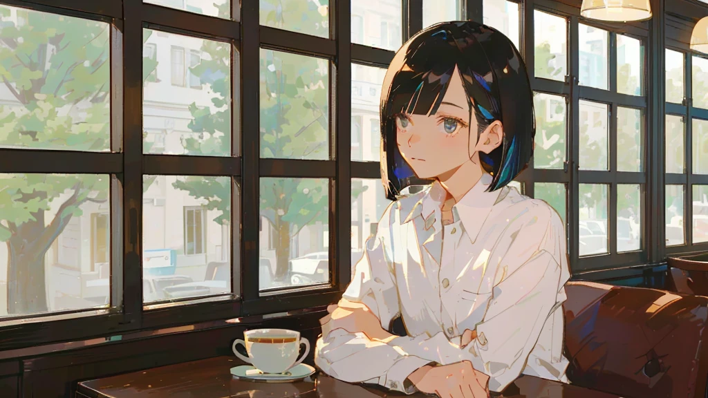 A 32-year-old androgynous adult with a bob cut sitting at a cafe table、Beautiful black hair、Looking down at the tree-lined street below、White coffee cup、Masterpiece、 Sitting alone in a café, Sitting alone in a cafe, Evening Lighting、Wooden retro cafe、White Shirt