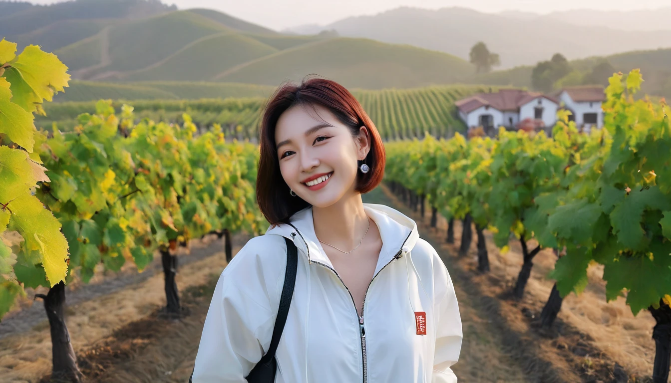 beautiful scenery, 8K Top Quality, Vivid picture quality, 1 woman, Beautiful 36-year-old Korean woman, Chest size 34 inches, Model-level beautiful woman, Napa Valley, California, USA, dawn, vineyard, A village can be seen in the distance in a thick fog.. Red sunshine, The background is realistic and vivid quality.., short medium bob hair, White t-shirt that goes up to the neck , High-end luxury brand windbreaker jacket, Black pants, Perfect and realistic photos, The background is realistic.. Full body shot with Canon camera 16-35 wide angle lens, Smiling, 짙은 안개가 자욱한 포도원 언덕에서 vineyard을 내려다 보며, Walking towards the front camera